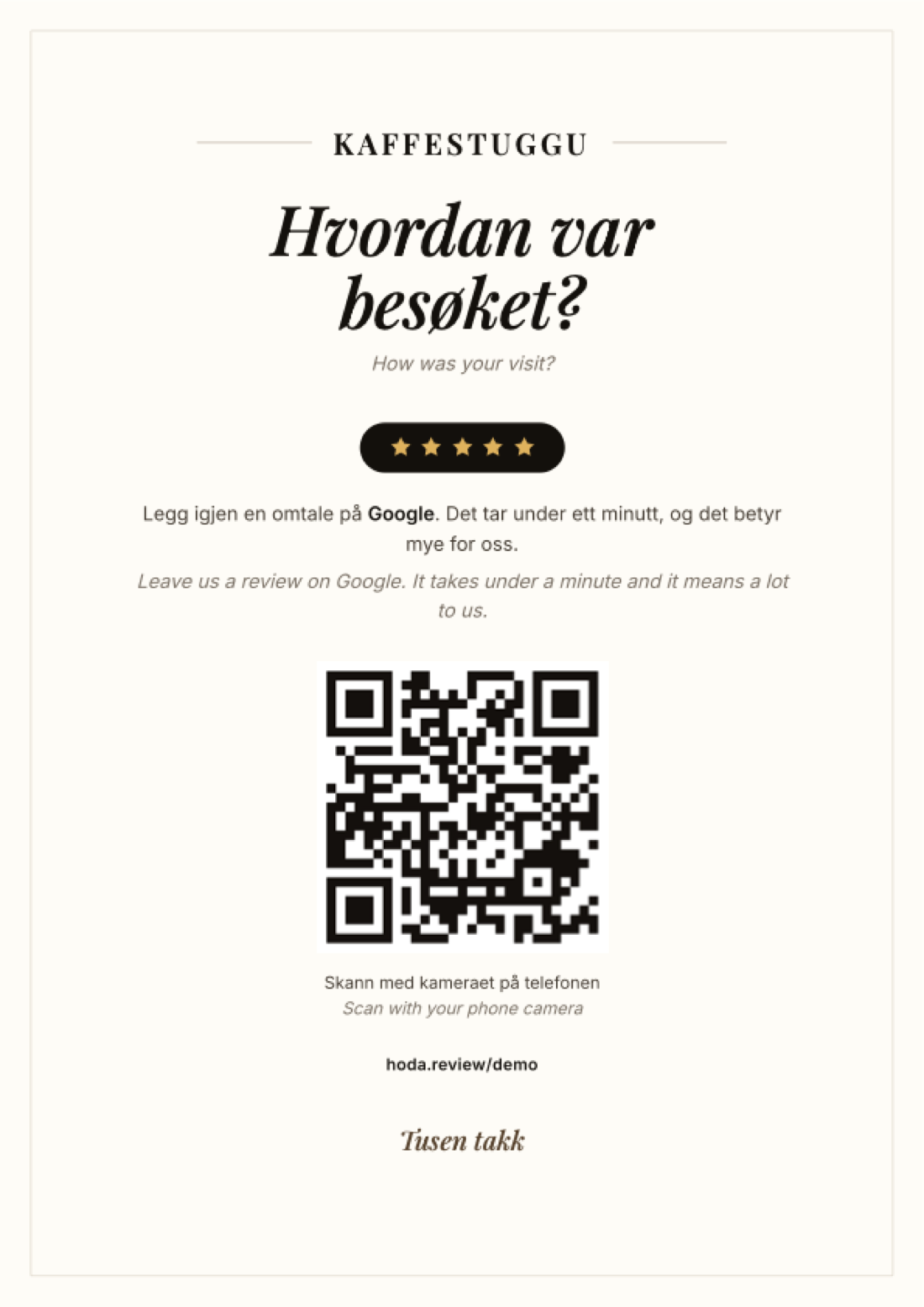 The hoda.review card for Kaffestuggu: how was your visit, five stars, a QR code