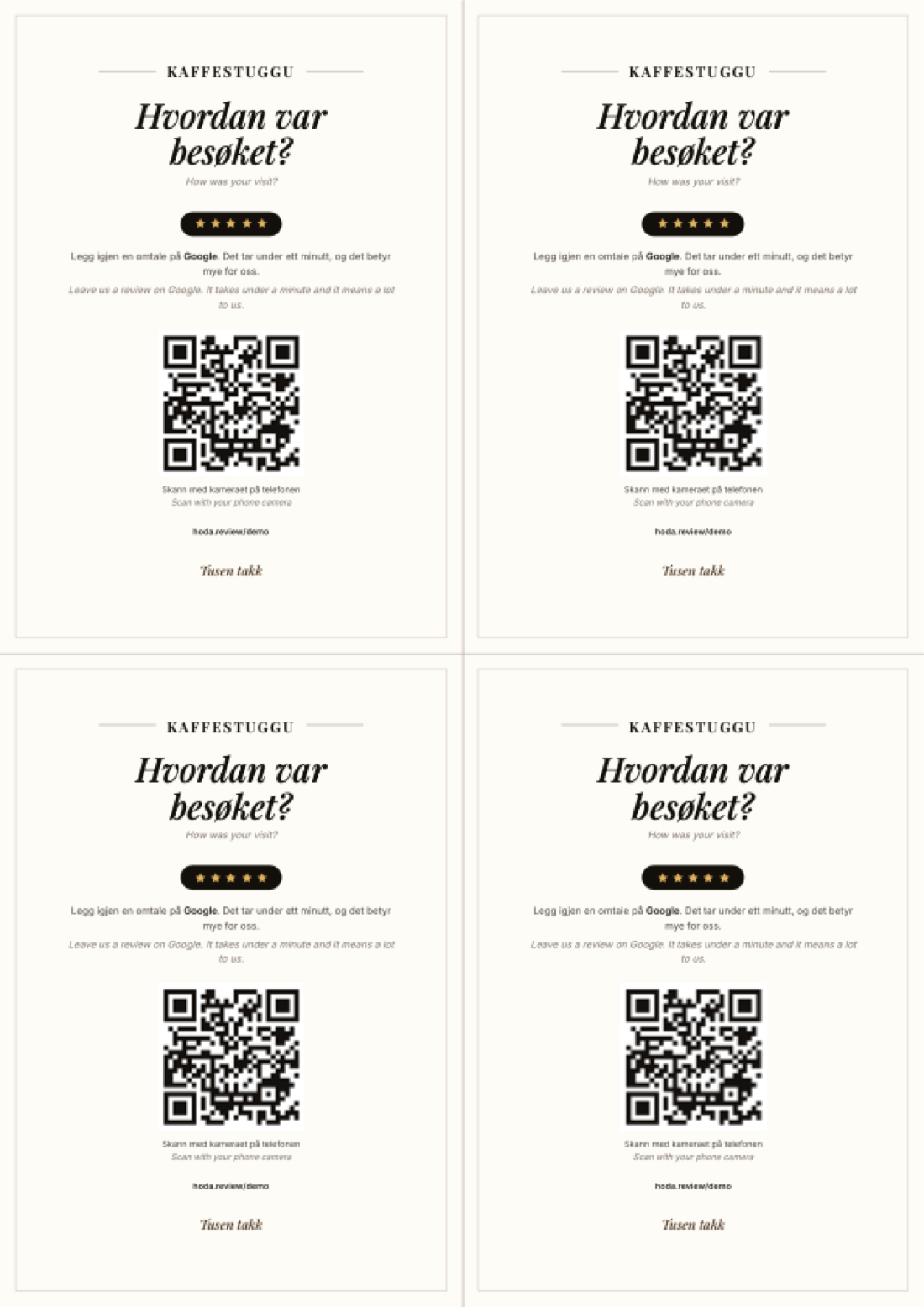 Four hoda.review cards on one A4 sheet